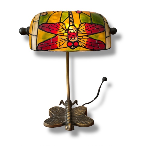 Other - ❤️💛VTG Tiffany Style Dragonfly Multicolor Stained Glass And Bronze Accent Lamp